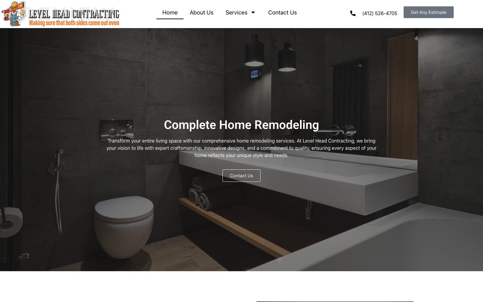The current levelheadcontracting.com homepage